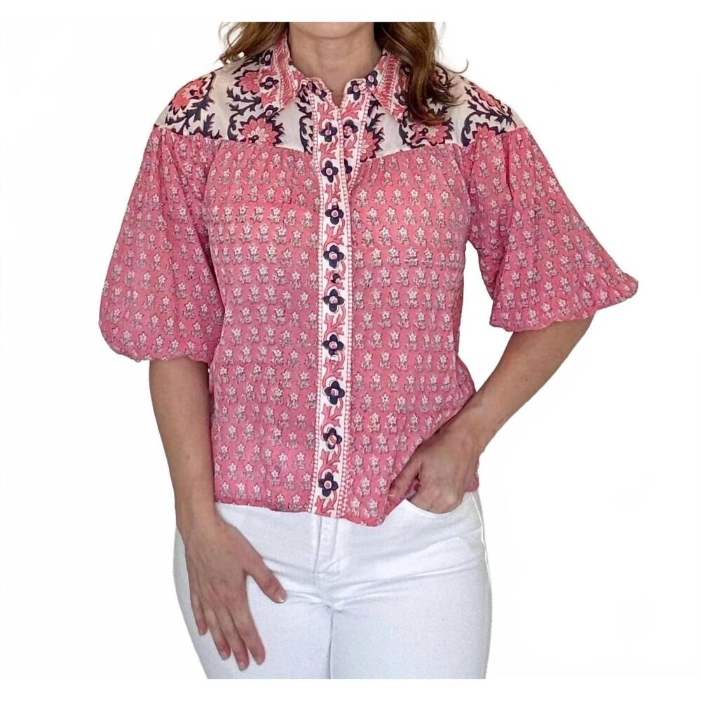 NEW MAHILA mitch floral block print blouse - plus in pink